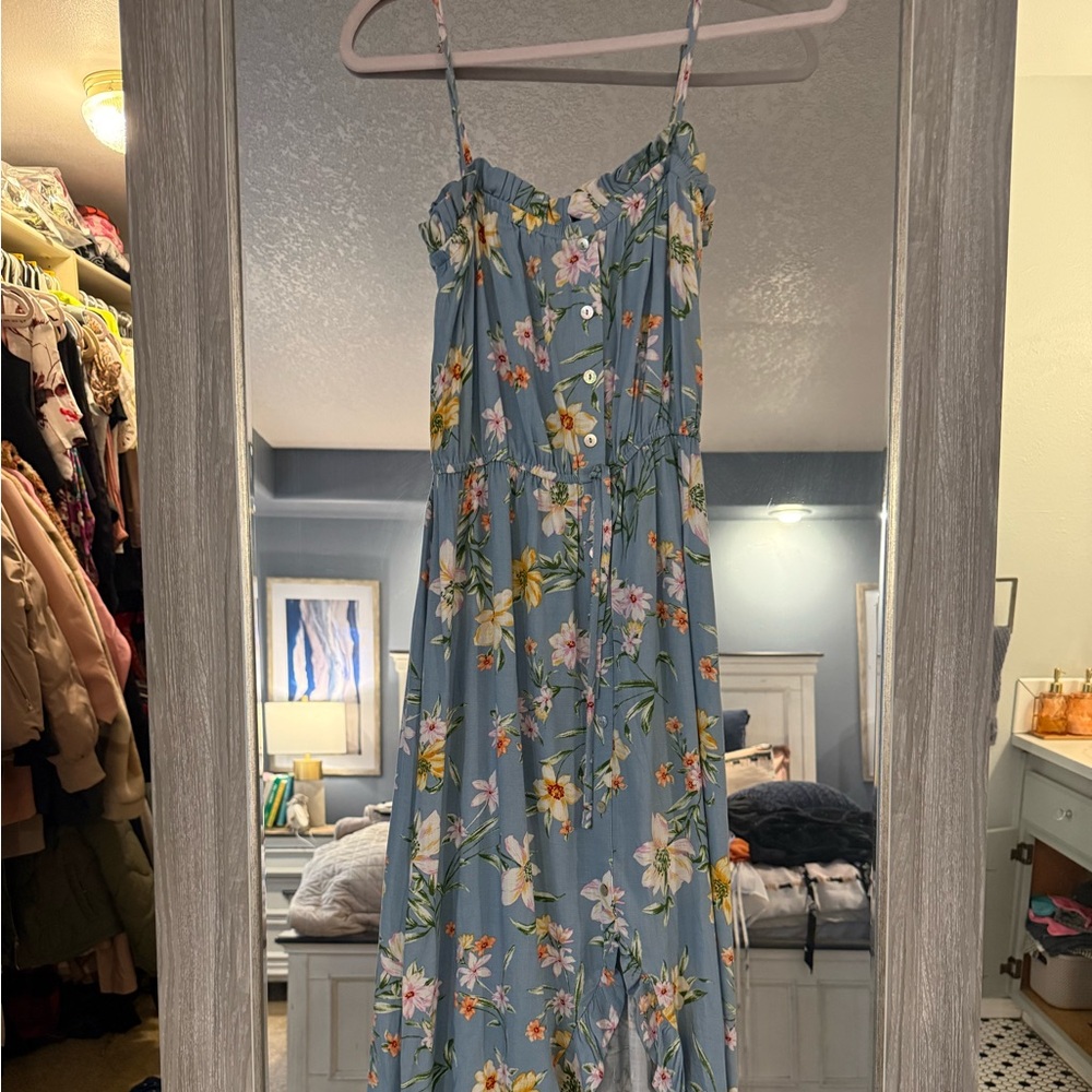 Promesa Blue Floral Dress Flutter Front Ruffle Detailed Neckline